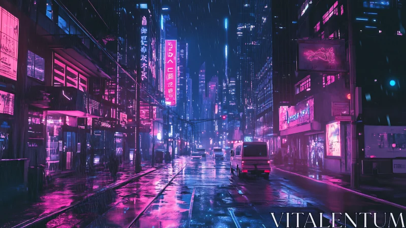 Neon soaked cyberpunk street at night in heavy rain.