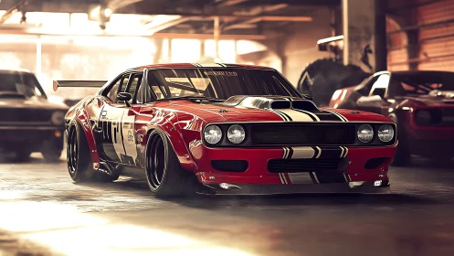 Red widebody muscle car dominates moody underground garage