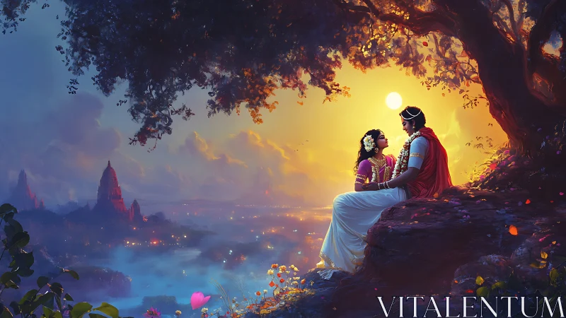 Divine Encounter at Sunset: Radiant Figures Overlooking Temple Valley.
