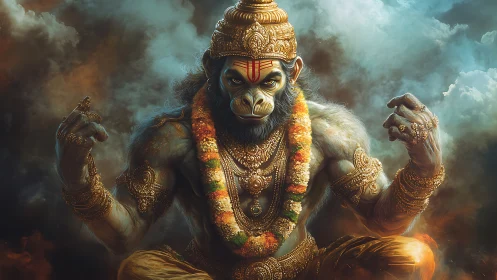 Divine simian warrior in ornate gold armor dominates storm clouds