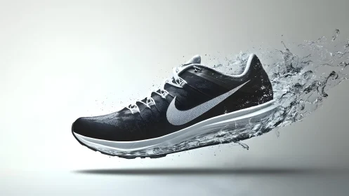 Dynamic running shoe in motion with water splash effect, modern style.