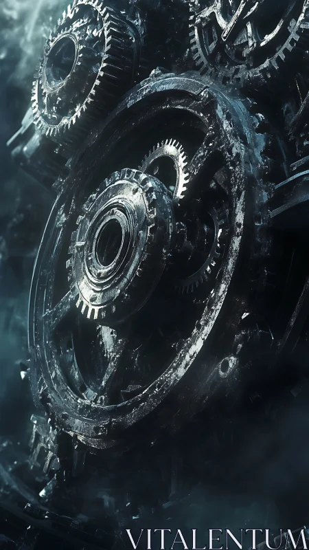 Massive frozen steel gearworks in dark industrial void.