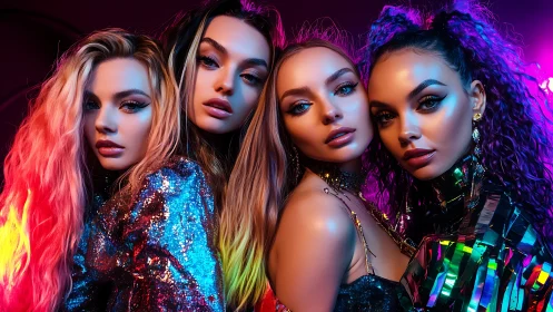 Chromatic nightclub portrait of four hyper-stylized models.