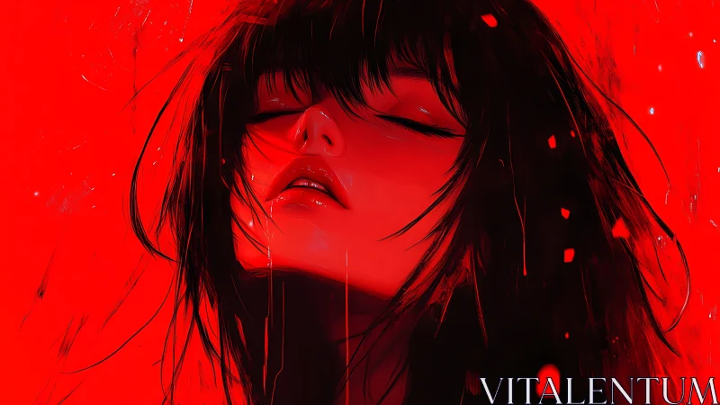 Crimson-lit woman in ecstasy-drenched digital portrait.