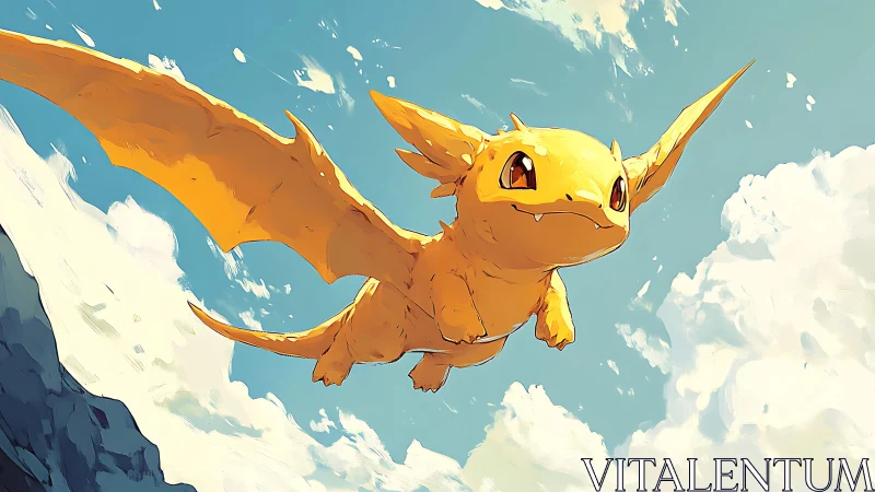 Small yellow cartoon dragon glides through bright sky
