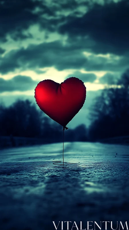 Red heart balloon rises against stormy sky.