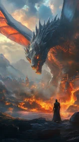 Knight confronts colossal fire dragon above burning cityscape
