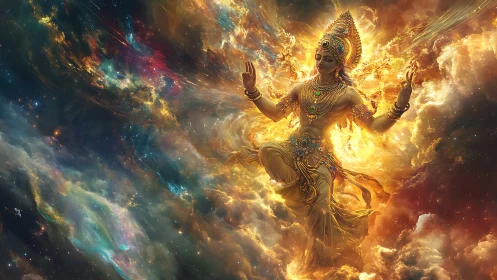 Celestial deity figure in luminous cosmic cloud field.