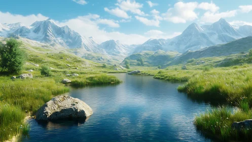 Photoreal mountain valley stream with glacial backdrops.