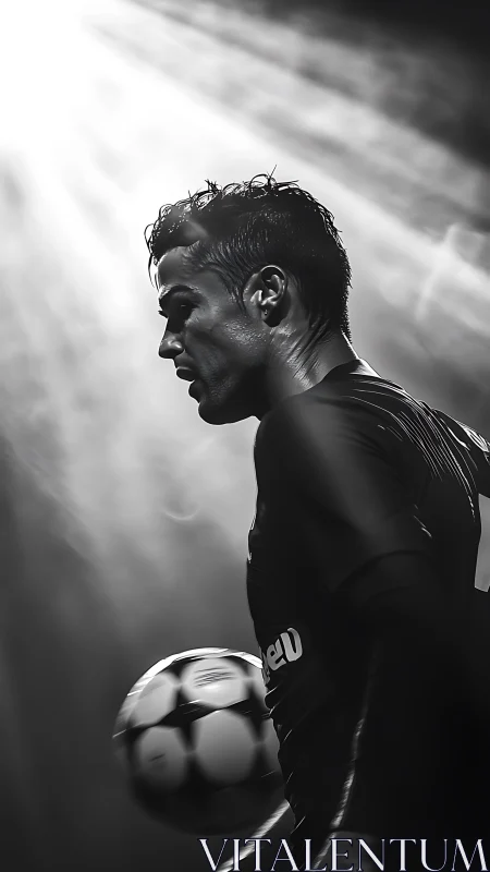 Silhouetted footballer studies ball under harsh stadium light