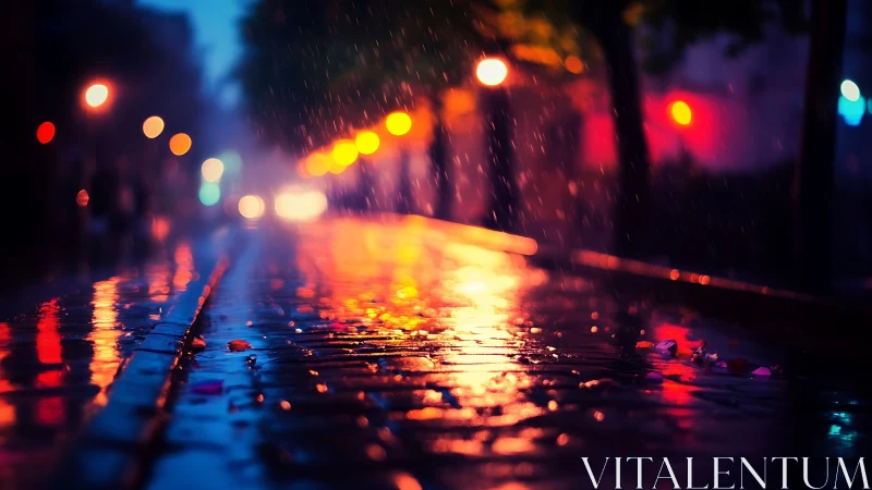 Neon reflections on wet city street in night rain.