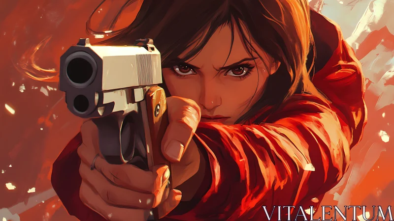 Female figure aiming handgun in close frontal perspective.