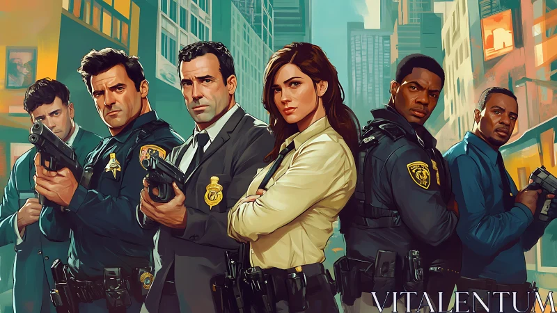 Cinematic law enforcement ensemble in urban tableau composition.