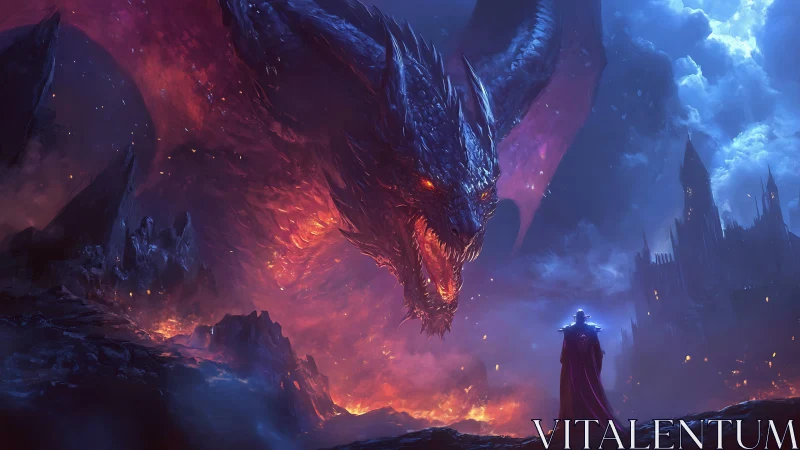 Towering fire dragon confronts lone mage above burning realm