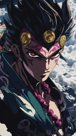 Warrior monk glares over stormlit mountain cloud sea.