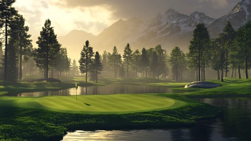 Gentle sunrise golf green wrapped in misty mountain calm.