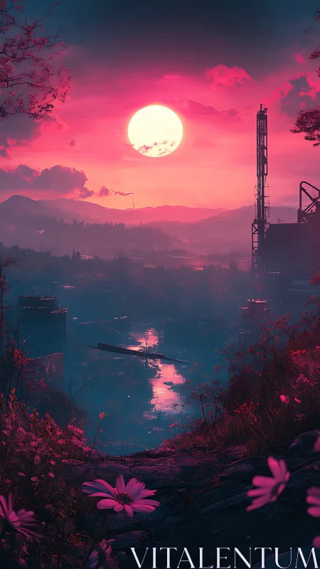 Backlit industrial river valley under saturated magenta sunset sky