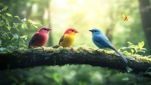 Three Colorful Birds on Mossy Branch in Dreamy Forest Light.