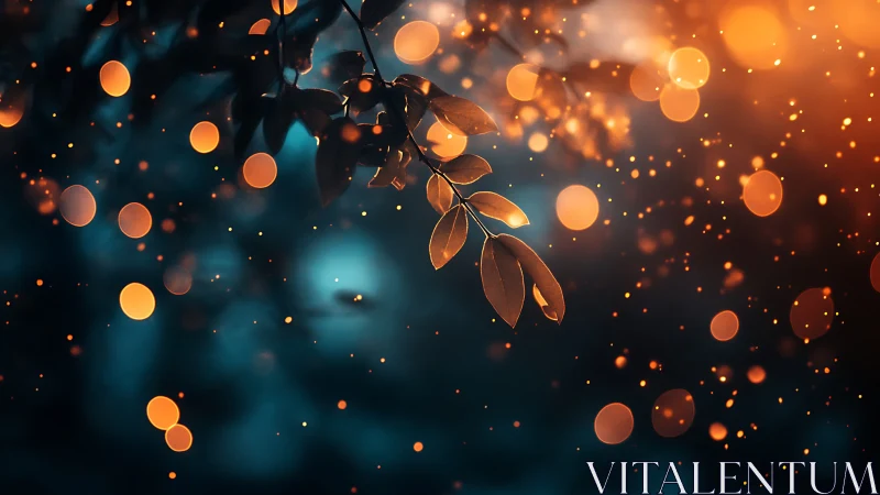 Autumn leaves and glowing bokeh lights in dreamy, magical style.