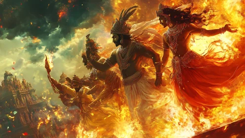 Flameborne deities stride through stormlit celestial fire.