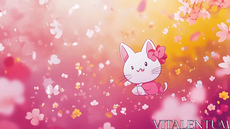 Cute cartoon cat floating in pink floral backdrop.