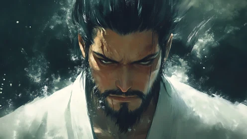 Stormlit warrior gazes forward with intense, steady resolve