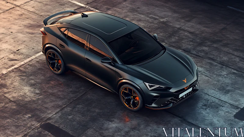 Dark metallic sports SUV on industrial concrete lot at dusk.