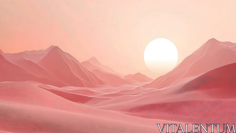 Minimal pink desert landscape with stylized sun and ridges.