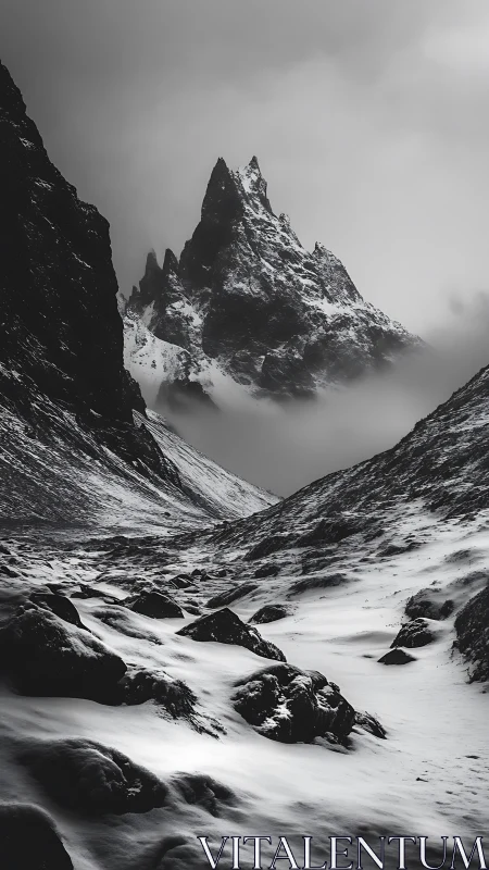 Silent spire of winter rising through drifting mountain mist.