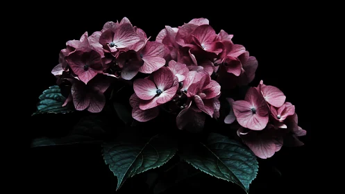 Magenta Hydrangea Cluster Against Dark Background.