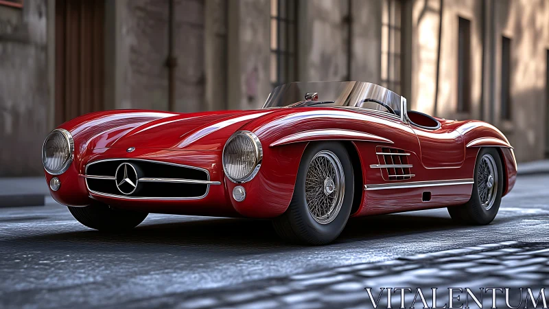 Red classic Mercedes roadster parked on quiet city street.