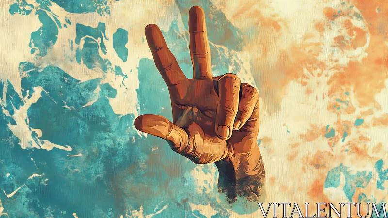 Stylized hand gesture intersects dual-toned abstract field