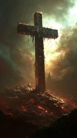 Burning cross stands over fiery wasteland under storm sky.