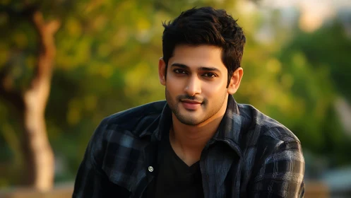 Warm sunset portrait of a relaxed young man outdoors