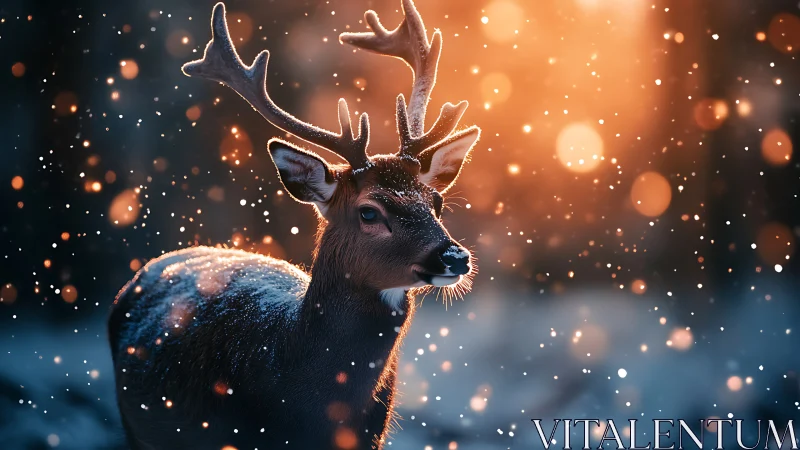 Winter stag stands in glowing bokeh snowfall at dusk.