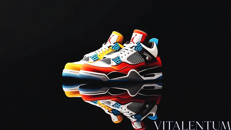 Photorealistic color-block sneakers on reflective black ground.