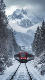Crimson winter train slices quietly toward the cloud-crowned peak