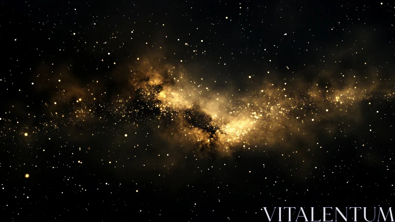 Golden galactic dust stream across deep black space.