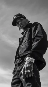Streetwear portrait in monochrome with low angle view.