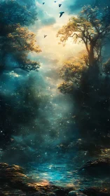 Sunlit avian passage opens above iridescent enchanted pool