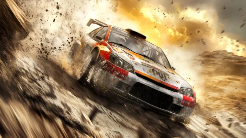 Rally car powerslides through debris in high-speed dirt corner