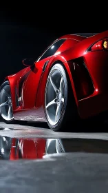 Red supercar profile under hard studio rim lighting.