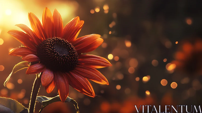 Sunflower glows in molten sunset bokeh, copper petals gleam.