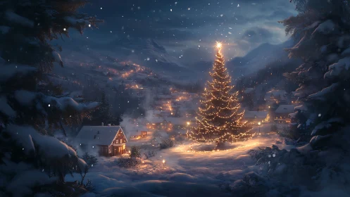 Snowy mountain village gathered around glowing tree of light.
