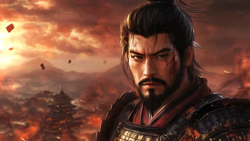 Wounded samurai warrior before burning mountain fortress.