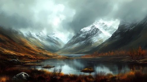 Storm-brewing valley lake under brooding snowcapped guardians.