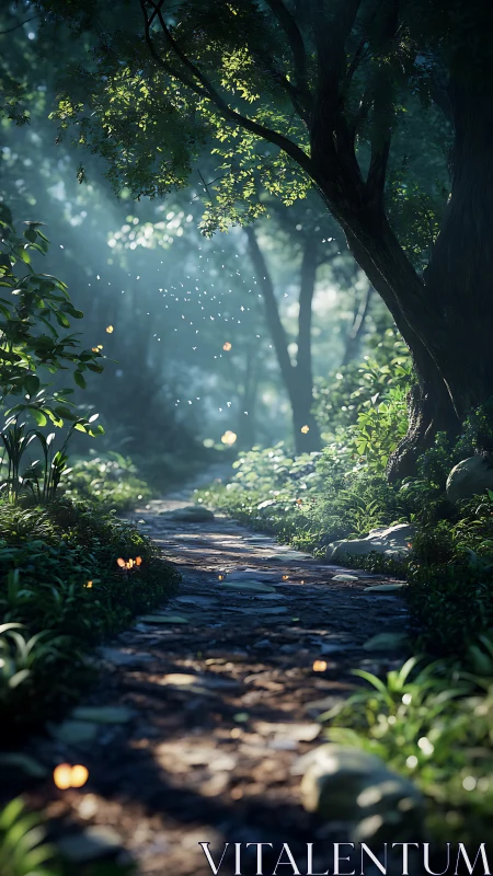 Enchanted forest path with ethereal light filtering through canopy.