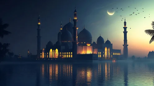 Mosque complex at dusk with crescent moon over water.