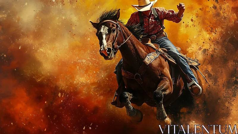 Rodeo cowboy drives galloping horse through fiery dust storm.