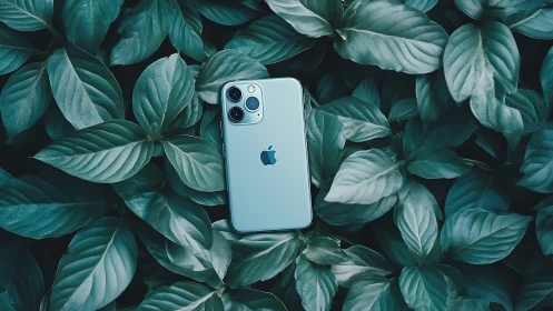 Silver Smartphone Nestled in Lush Verdant Foliage.